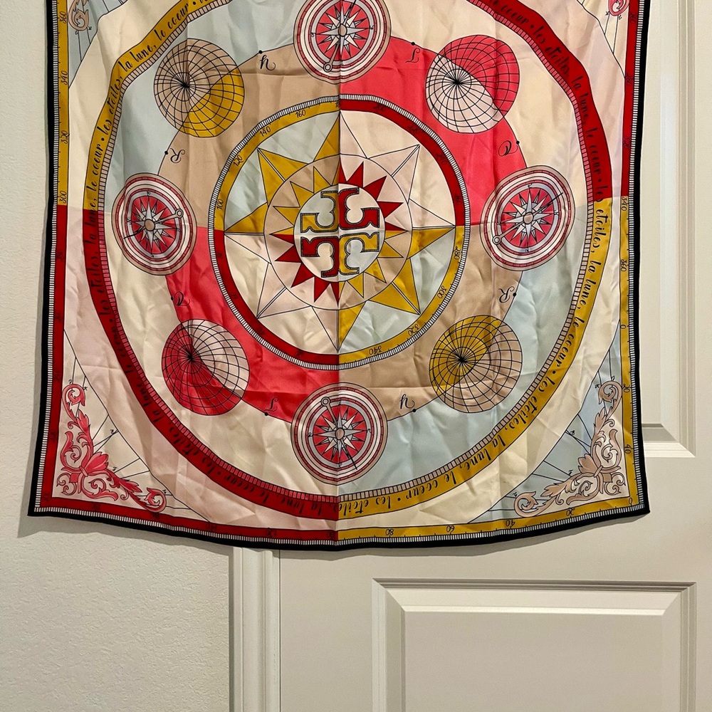 Tory Burch Red, Yellow, Cream & Light Blue Printed Silk Scarf